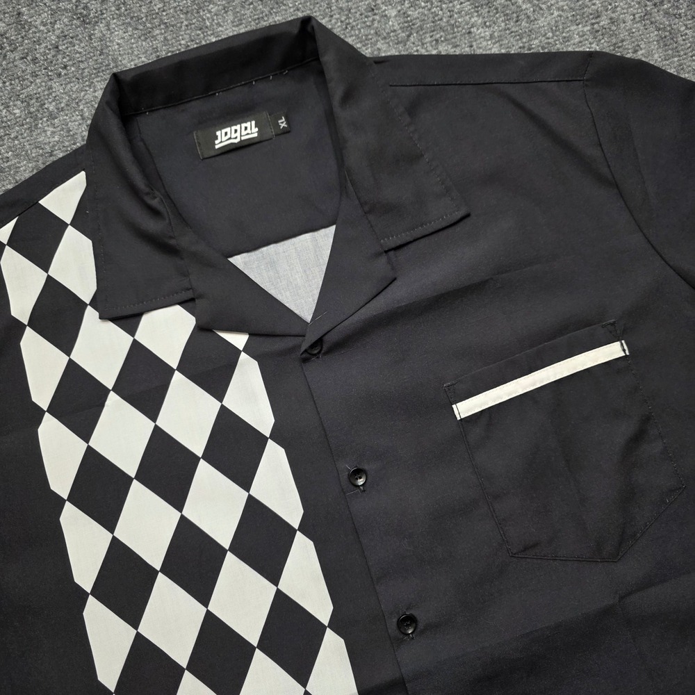 JOGAL Men's Black White Diamond Checkerboard Bowling Camp Shirt XL Retro Style